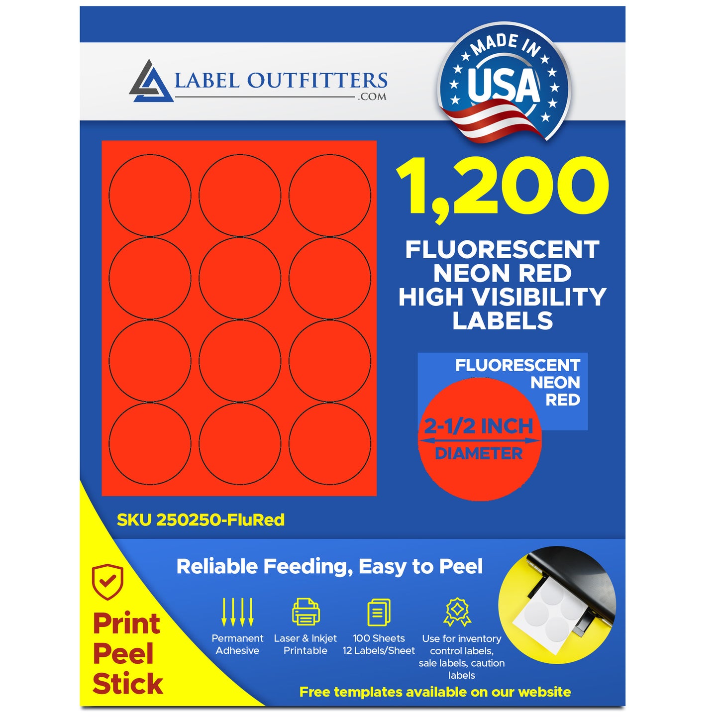1,200 Fluorescent Neon Red 2-1/2" Diameter Round Labels 100 Sheets 12 Labels Per Sheet