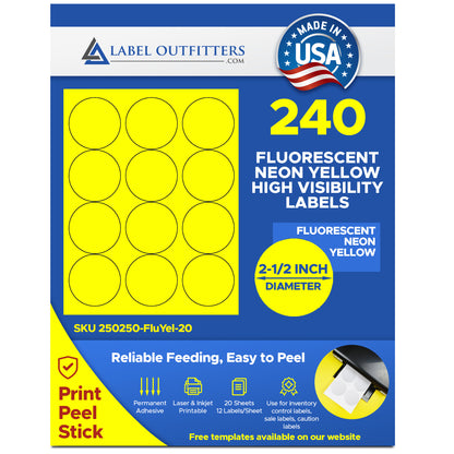 240 Neon Yellow Fluorescent High Visibility 2-1/2" Round Labels 20 Sheets 12 Labels Per Sheet