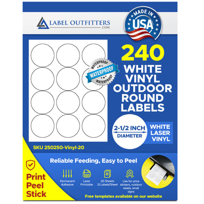 240 Heavy Duty Vinyl Outdoor Labels 2.5" Diameter 12 Labels per Sheet 20 Sheets