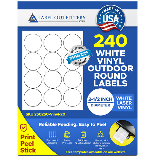 240 Heavy Duty Vinyl Outdoor Labels 2.5" Diameter 12 Labels per Sheet 20 Sheets