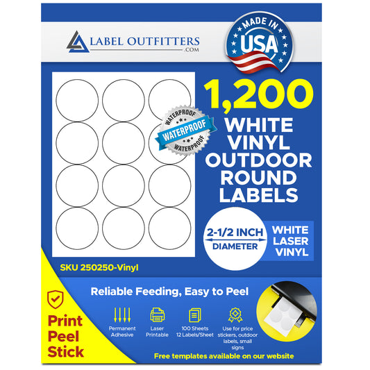 1,200 Heavy Duty White Vinyl Printable Outdoor Weatherproof Labels 2.5" 12 Labels per Sheet 100 Sheets