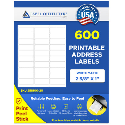 600 Label Outfitters® Address Labels, 1 x 2.625 inches for Laser or Inkjet, use Uline S-5042 Template, 20 Sheets