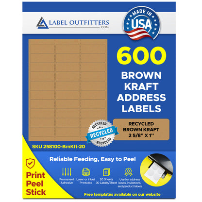 600 Brown Kraft Laser and Inkjet Printable Labels, 2-5/8 x 1, use  Avery® 5160 template, 20 Sheets with 30 Labels per Sheet