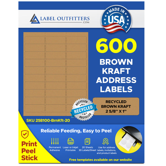 600 Brown Kraft Laser and Inkjet Printable Labels, 2-5/8 x 1, use  Avery® 5160 template, 20 Sheets with 30 Labels per Sheet