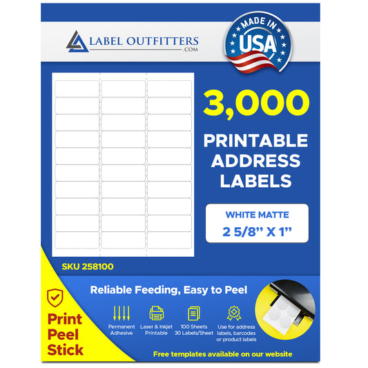 3,000 Label Outfitters® Blank Laser and Inkjet Printable 2-5/8 x 1 inch Labels, 30 per sheet, 100 Sheets use Avery® 5160, Uline® S-5042, Compulabel® 330805, 310904, Office Depot® 612011 Template