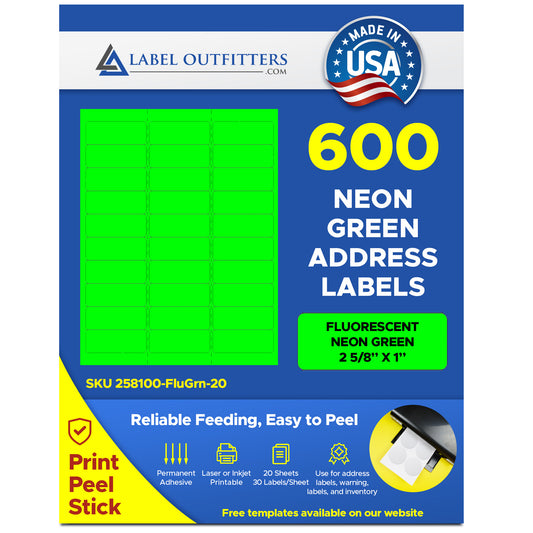 600 Fluorescent Neon Green Laser Only Labels, 2-5/8 x 1, 20 Sheets with 30 Labels per Sheet, use Avery® 5160 Template