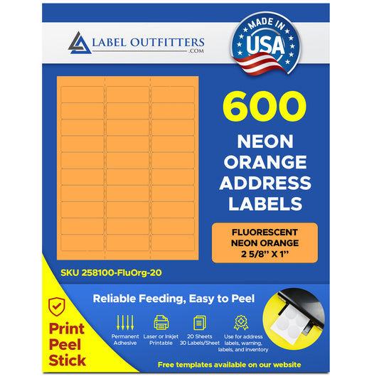 600 Fluorescent Orange Labels 2-5/8 x 1, Laser Printers Only, 20 Sheets with 30 Labels per Sheet, use Avery® 5160 Template