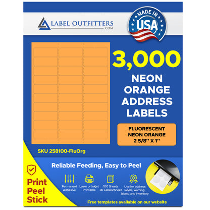3,000 Neon Orange Address Labels, 2-5/8 x 1, 100 Sheets with 30 Labels per Sheet, use Avery® 5160, Compulabel® 311207 Template Laser Printers Only