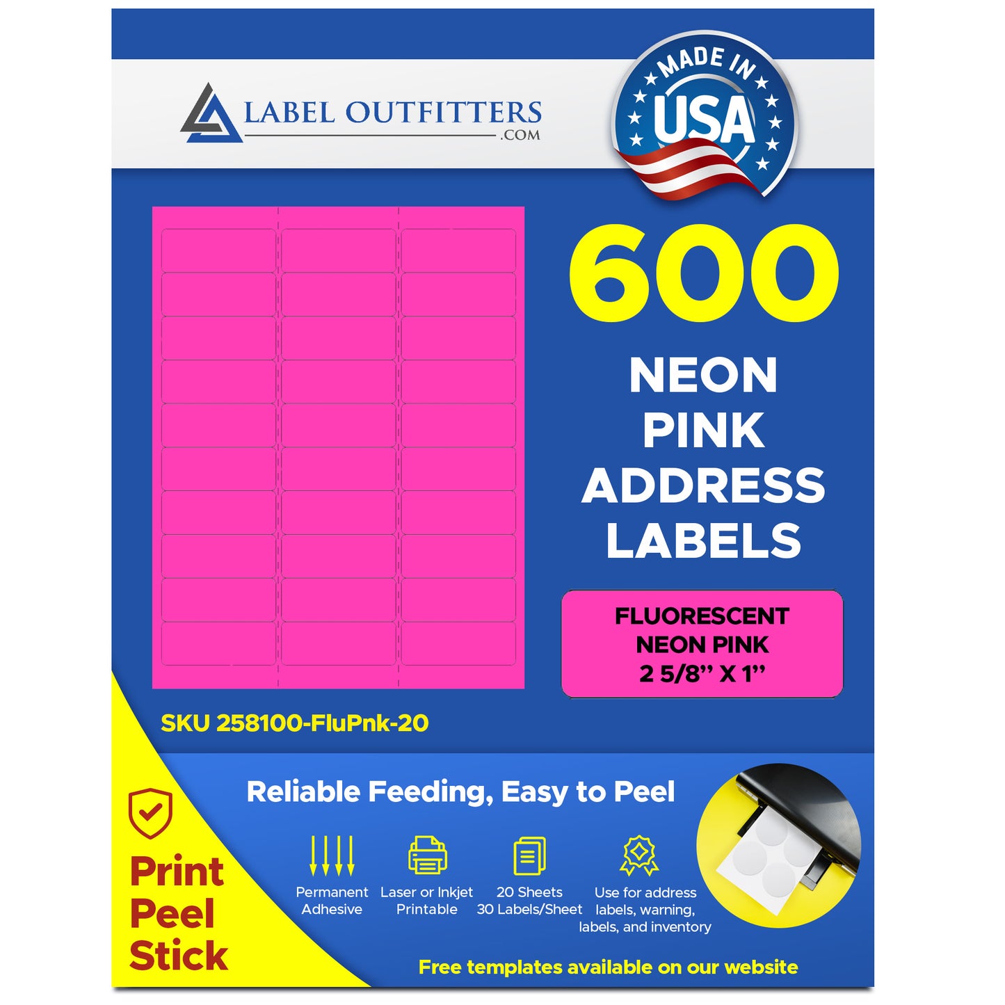 600 Fluorescent Neon Pink Laser Only Labels, 2-5/8 x 1, 20 Sheets with 30 Labels per Sheet,  use Avery® 5160 Template
