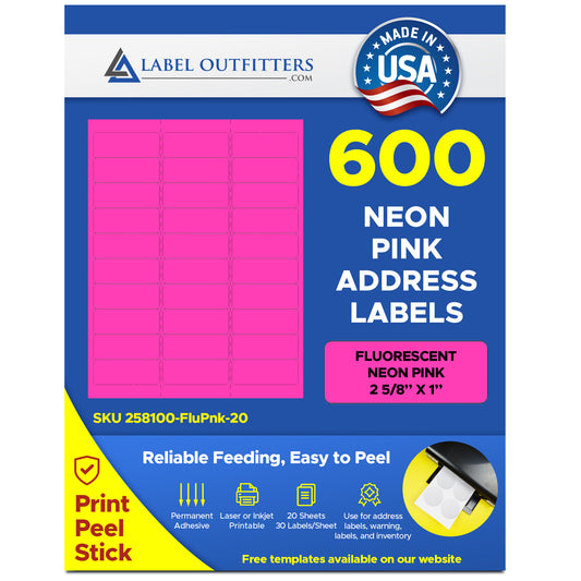600 Fluorescent Neon Pink Laser Only Labels, 2-5/8 x 1, 20 Sheets with 30 Labels per Sheet,  use Avery® 5160 Template