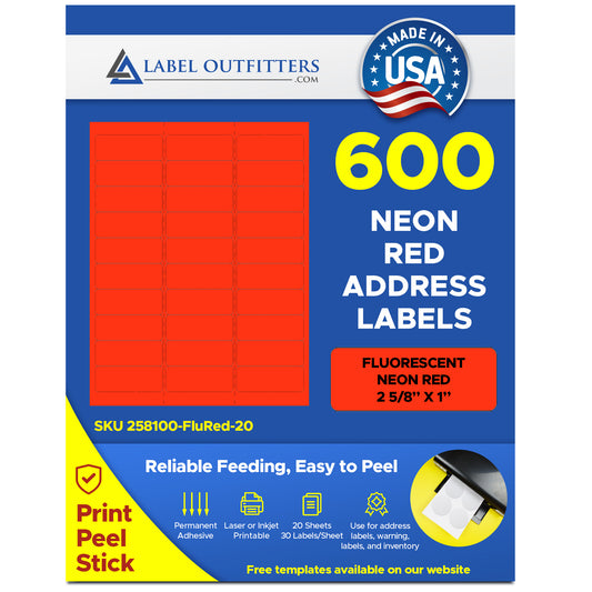 600 Fluorescent Neon Red Laser Only Labels, 2-5/8 x 1 Laser Only, 20 Sheets with 30 Labels per Sheet, use Avery® 5160 Template