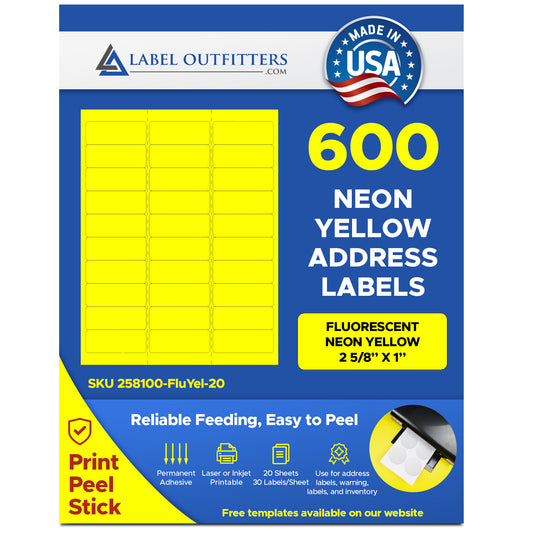 600 Fluorescent Neon Yellow Laser Only Labels, 1 x 2.625, Laser Only, use Avery® 5160 Template 20 Sheets