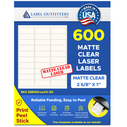 600 Matte Clear Mailing Labels, 2-5/8 x 1, 30 per Sheet, Laser Only use Avery® 5160, Compulabel® 370102 Template, 20 Sheets