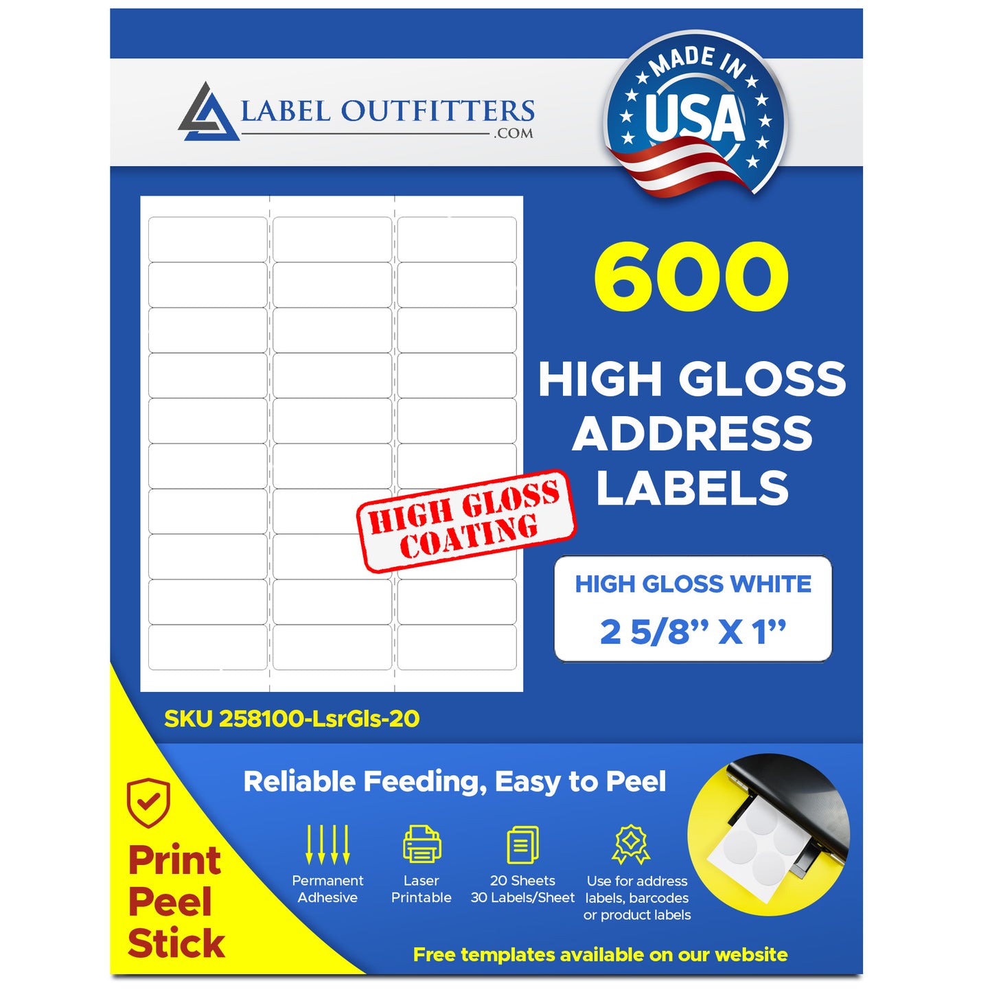 600 Laser ONLY Glossy Addressing or Mailing Labels or Stickers, 2-5/8 x 1 - 20 Sheets use Avery® 5160 Template
