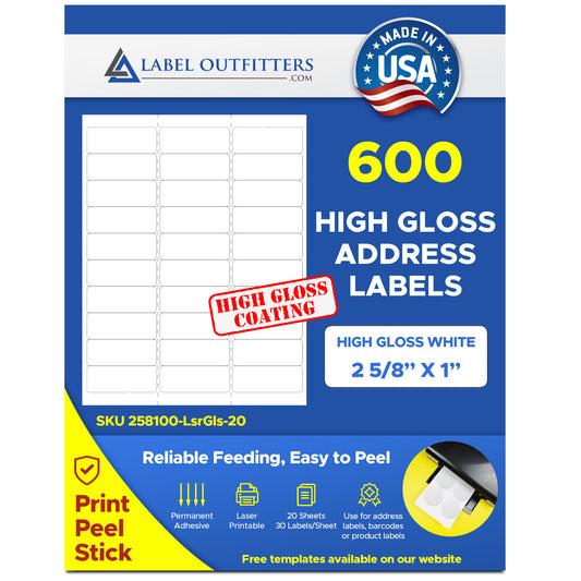 600 Laser ONLY Glossy Addressing or Mailing Labels or Stickers, 2-5/8 x 1 - 20 Sheets use Avery® 5160 Template