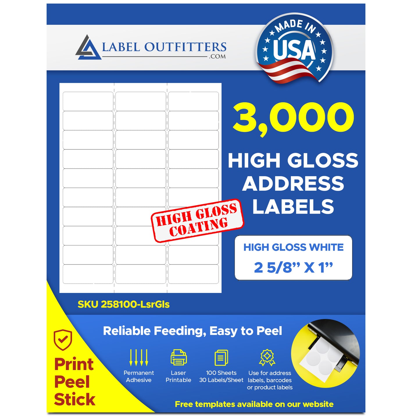 3,000 White Laser ONLY Glossy Mailing Labels, 2-5/8 x 1, 30 per Sheet, 100 Sheets  use Avery® 5160 Template