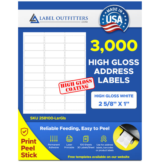 3,000 White Laser ONLY Glossy Mailing Labels, 2-5/8 x 1, 30 per Sheet, 100 Sheets  use Avery® 5160 Template