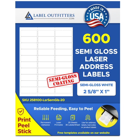 600 White Semi-Gloss Laser ONLY Mailing Labels, 2-5/8  x 1, 30 per Sheet, 20 Sheets use Avery® 5160 Template