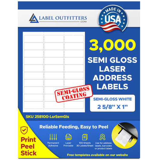 3,000 White Semi-Gloss Laser ONLY Mailing Labels, 2-5/8 x 1, 30 per Sheet use Avery® 5160 Template, 100 Sheets
