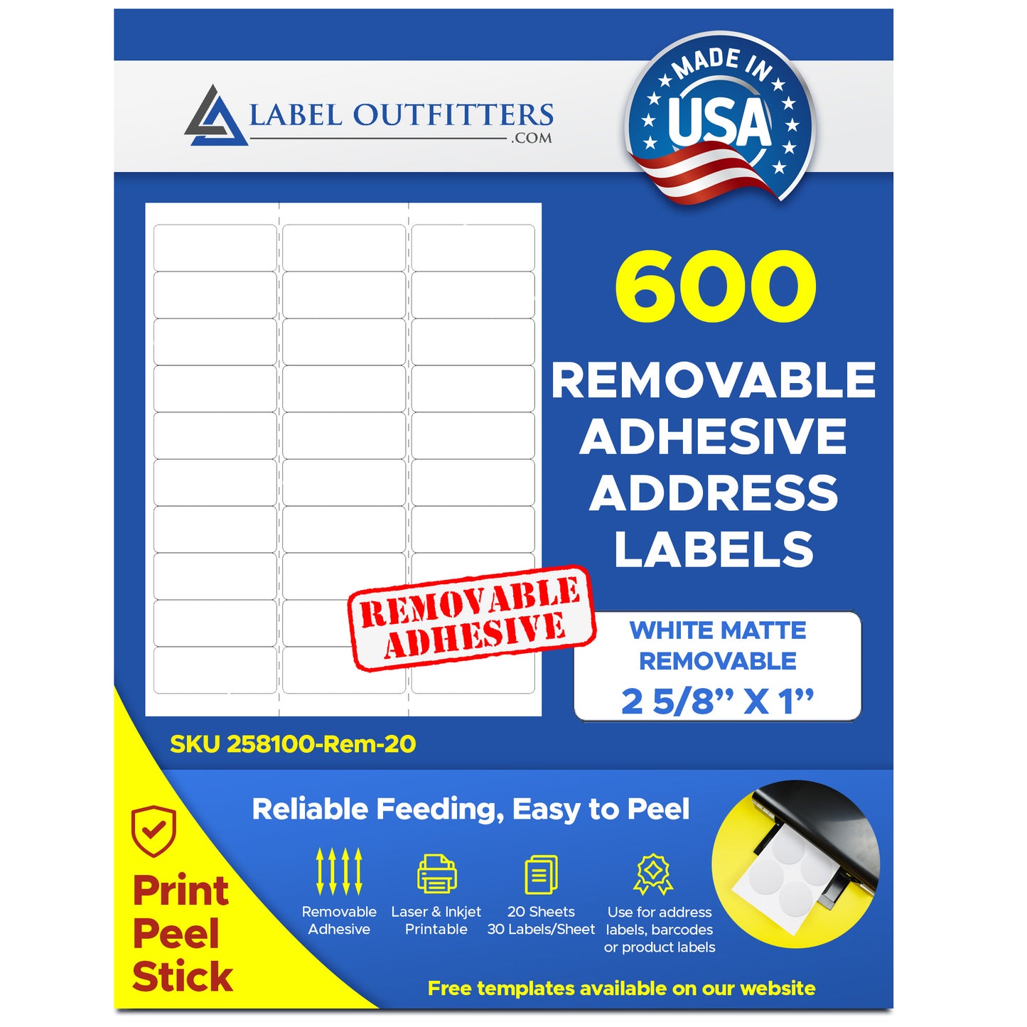 600 Removable Adhesive White Matte for Laser and Inkjet Labels, 2-5/8" x 1" use Avery® 55160 Template 20 Sheets