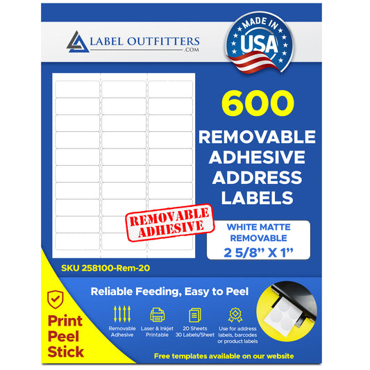 600 Removable Adhesive White Matte for Laser and Inkjet Labels, 2-5/8" x 1" use Avery® 55160 Template 20 Sheets