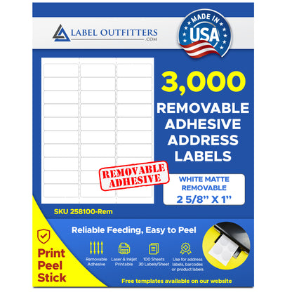 3,000 White Repositionable- Removable Adhesive White Matte for Laser and Inkjet Labels, 2-5/8" x 1" use Avery® 5160, Uline® S-8080, Compulabel® 310950 Template, 100 Sheets