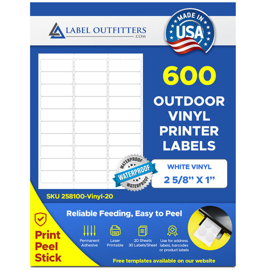 600 White Vinyl WeatherProof - WaterProof Durable Laser ONLY Labels, 2-5/8 x 1, 30 per Sheet, Avery® 5160 Template, 20 Sheets