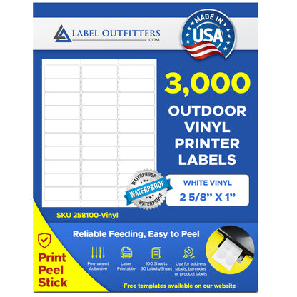 3,000 Durable Vinyl Laser ONLY White Durable Labels, WeatherProof and WaterProof, 2-5/8" x 1", 30 per Sheet, Avery® 5160 Template, 100 Sheets AVE5523, AVE6579, 5520