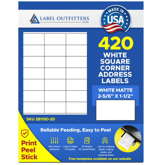 420 Square Corner Address Labels, 2.833 x 1.5, Same size as Avery® 5360 - 21 per Sheet, 20 Sheets
