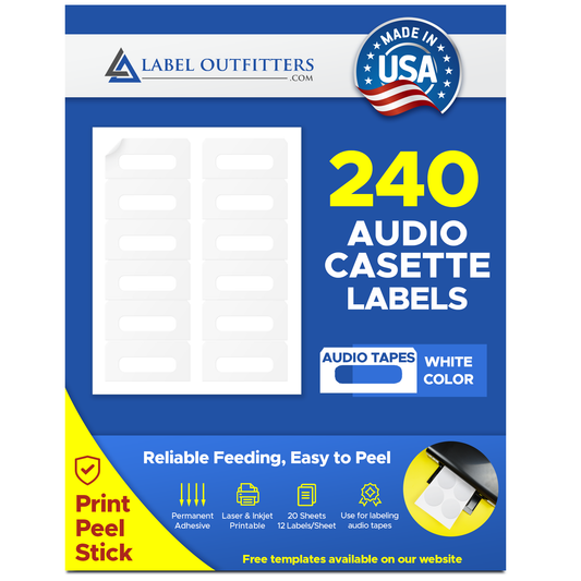 240 Compulabel® 311905 Audio Cassette Labels use Avery® 5198 Template, 12 White Matte Labels per Sheet, 20 Sheets