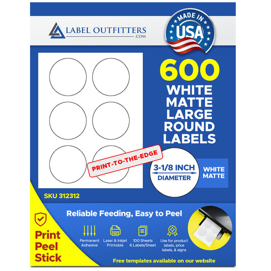 600 White Round Laser Inkjet Labels 3-1/8" Diameter 100 Sheets 6 Labels Per Sheet