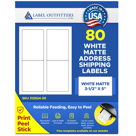 80 Label Outfitters® 312524 Laser and Inkjet Printer Labels 3.5 x 5, 20 sheets use Avery® 5168 Template - Vertical Perf Between Labels