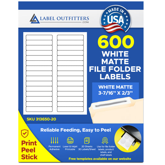 600 Label Outfitters® White Blank Printable File Folder Labels - 3 7/16 x 2/3 use Avery® 5066, Compulabel® 313650 Template, 20 Sheets