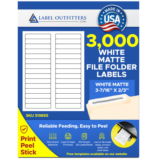 3,000 White File Folder Labels, 3-7/16 x 2/3 Label Outfitters® 313650, Permanent Adhesive, Avery® 5066, 5366, 8366 Template