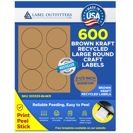 600 Recycled Brown Kraft Labels 3-1/3" Diameter Round Laser Inkjet Labels 100 Sheets 6 Labels Per Sheet