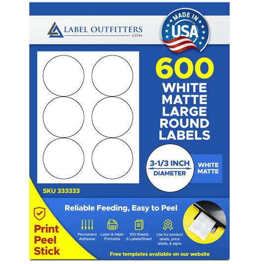 600 Round White Matte Labels 3-1/3"Diameter for Laser or Inkjet Use 100 Sheets 6 Labels Per Sheet