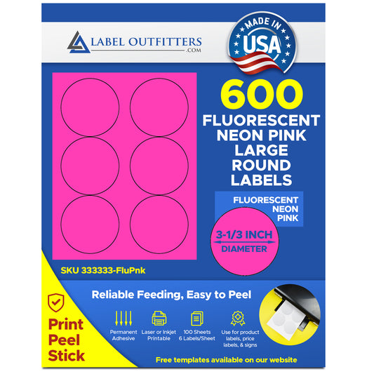 600 Large Round 3.33" Fluorescent Neon Pink Magenta Labels 6 Labels Per Sheet 100 Sheets
