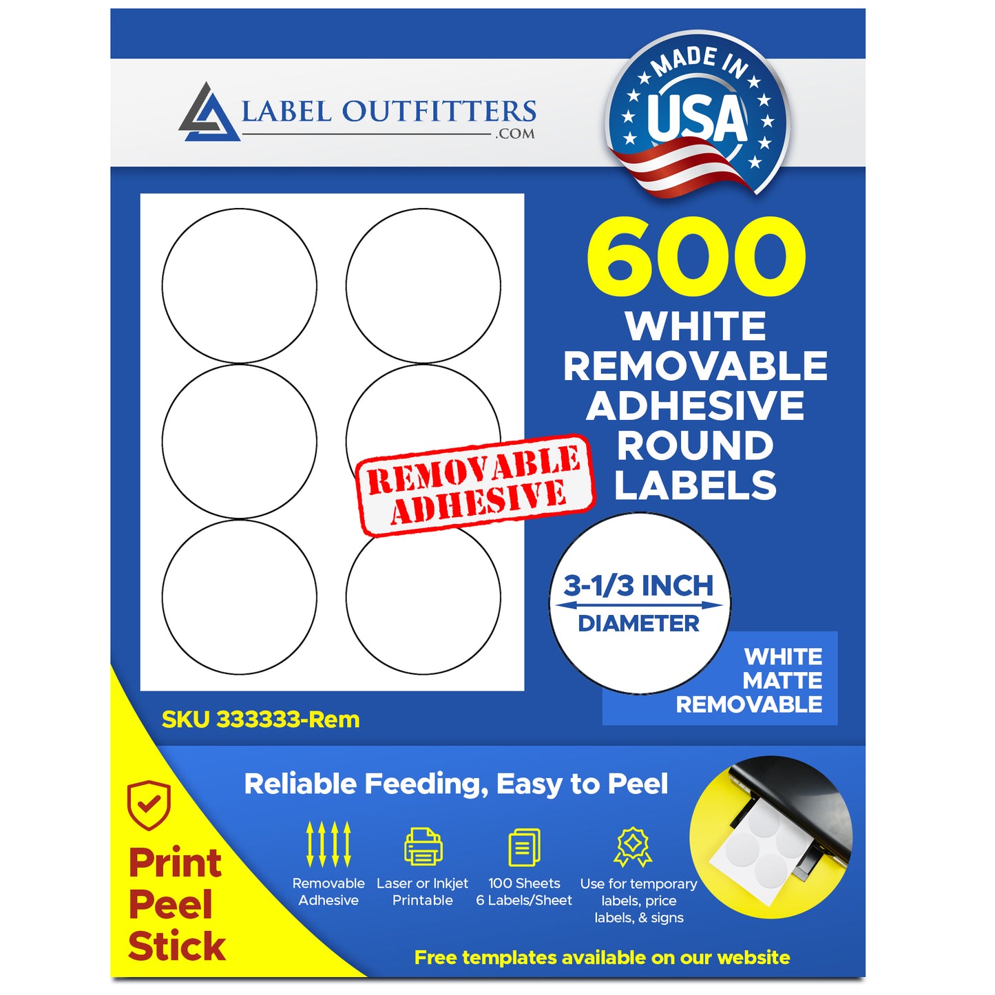 600 Round Laser Inkjet Labels 3-1/3" Diameter White Matte Removable Adhesive 100 Sheets 6 Labels Per Sheet