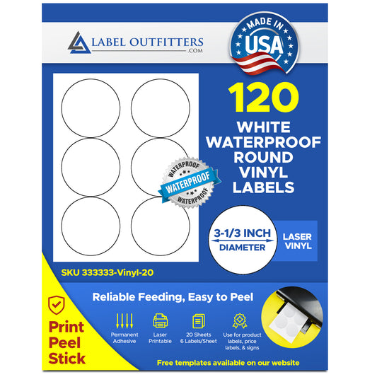 120 White Vinyl Weatherproof Durable Laser Labels 3.33" Diameter Labels 6 Labels Per Sheet 20 Sheets