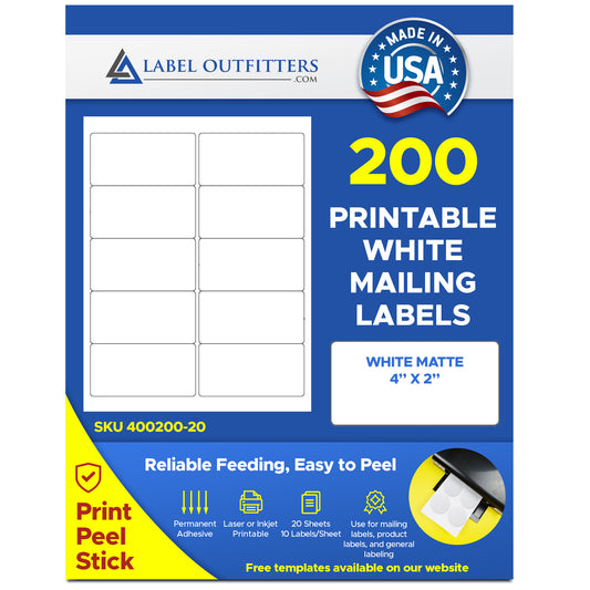 200 Laser and Inkjet Printable White Labels 4 x 2, 20 Sheets Use Compulabel® 312107, Avery® 5163 Template