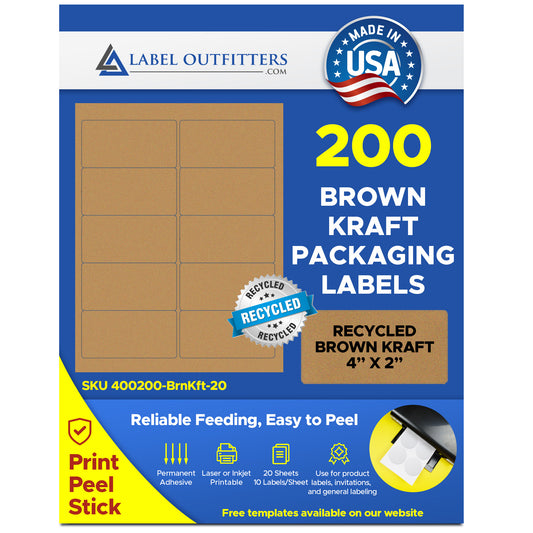 200 Brown Kraft Labels, 4 x 2 Laser and Inkjet Printable, 20 Sheets Use Avery® 5163 template