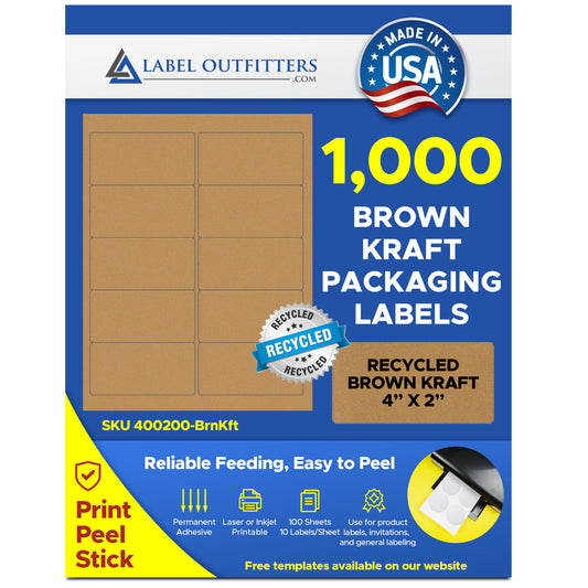1,000 Laser and Inkjet Printable 4 x 2 inch Brown Kraft Self Adhesive Labels Use Avery® 5163 template, 100 sheets  (Quantity Discounts)