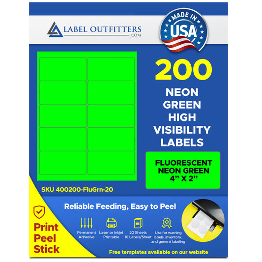 200 Fluorescent Neon Green Laser Only Labels, 4 x 2, 20 Sheets, use Avery® 5163 Template