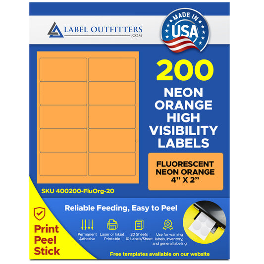 200 Fluorescent Neon Orange Laser Only Labels, 4 x 2, 20 Sheets, 10 per Sheet use Avery® 5163 Template