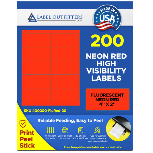 200 Fluorescent Neon Red Laser ONLY Labels, 4 x 2, 20 Sheets use Avery® 5163, Uline S-3847-R Template
