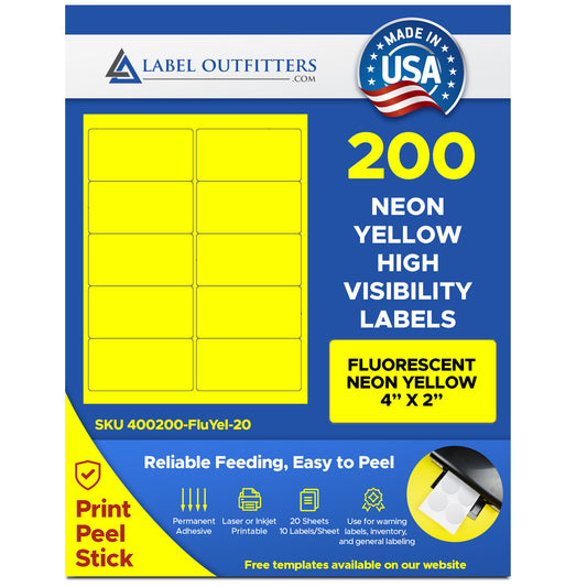 200 Fluorescent Yellow Labels, 4 x 2, 20 Sheets with 10 Labels per Sheet use Avery® 5163 Uline S-3847-Y Template Laser Printers ONLY!