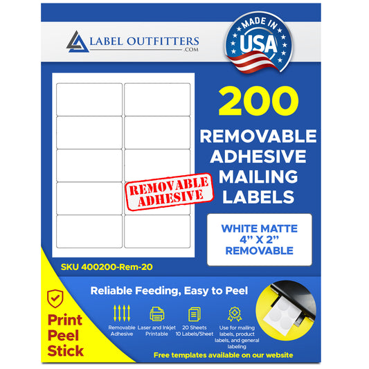 200 Label Outfitters® White Matte for Laser and Inkjet Removable Adhesive 4" x 2" Labels use Avery® 5163, 8163 Template