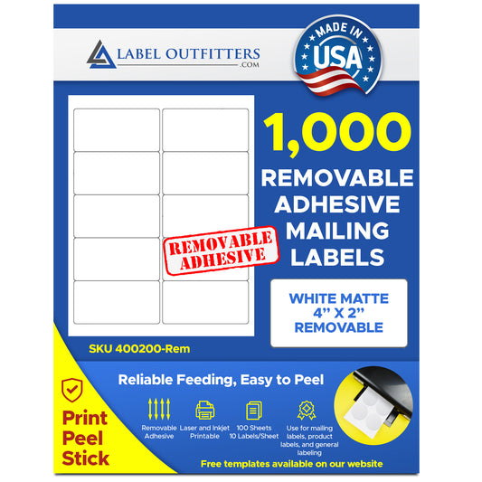 1,000 Removable Adhesive Laser & Inkjet White Matte Printable 4 x 2 Labels 100 Sheets