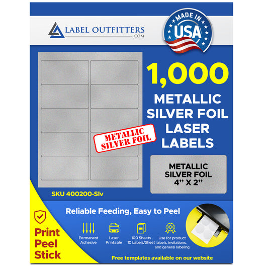 1,000 4 x 2 inch Silver Metallic Foil Laser ONLY Labels, 10 Labels per Sheet, 100 Sheets use Avery® 5163 template