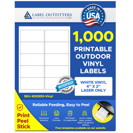 1,000 Laser ONLY Weatherproof and Waterproof Durable White Vinyl Labels, 4 x 2, 100 Sheets, 10 Labels per Sheet Avery® 15513 Template